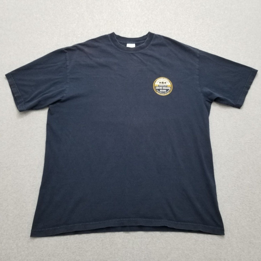 VINTAGE Lucky Brand Shirt Mens Large Blue Short Sleeve Spell Out Made In USA